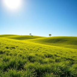 A vibrant, lush landscape featuring rolling hills covered in thick, green grass under a clear blue sky