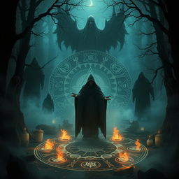 A haunting and surreal depiction of the supernatural wonders of the world, featuring a dark, enchanted forest shrouded in mist