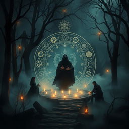 A haunting and surreal depiction of the supernatural wonders of the world, featuring a dark, enchanted forest shrouded in mist