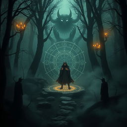A haunting and surreal depiction of the supernatural wonders of the world, featuring a dark, enchanted forest shrouded in mist
