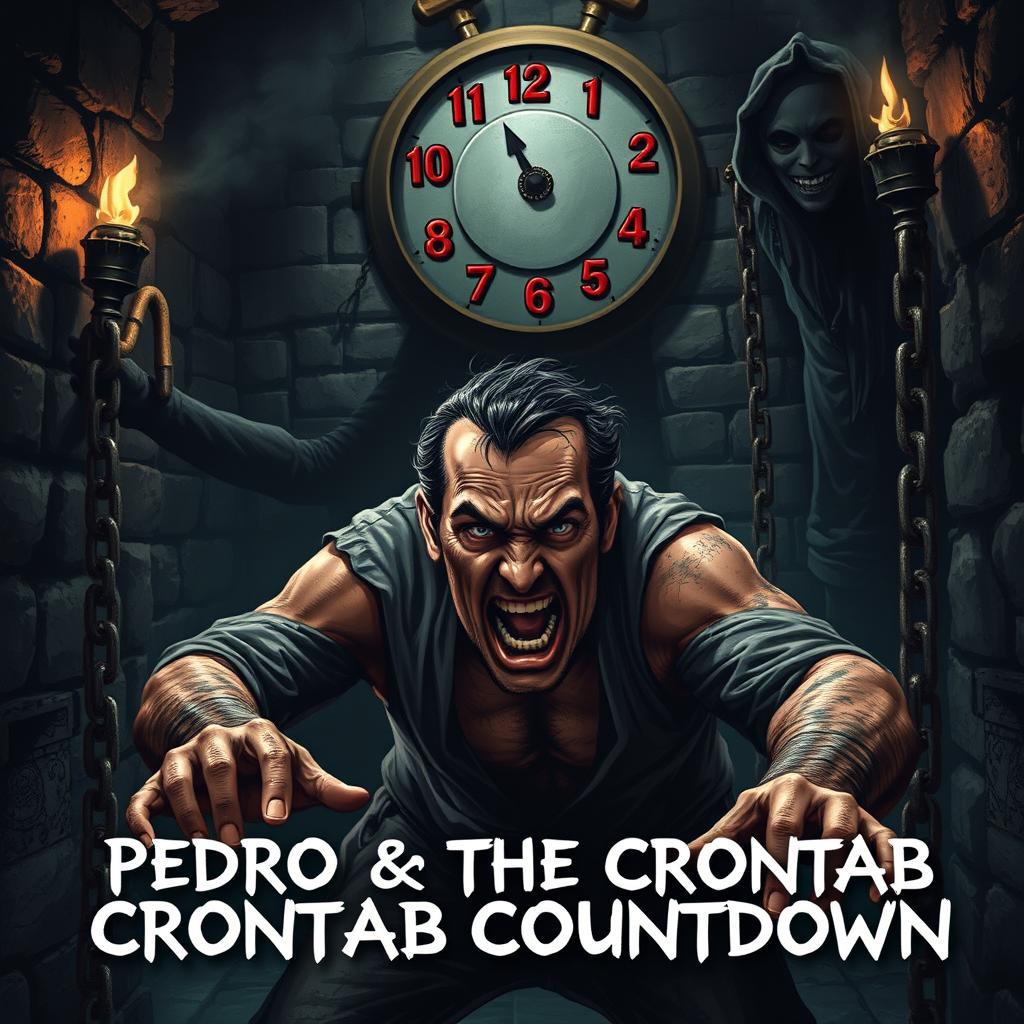A tense horror scene titled 'Pedro & the Crontab Countdown'