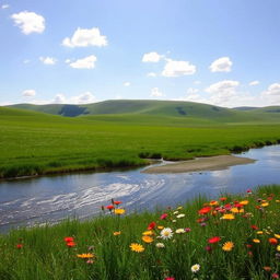 A serene landscape featuring a picturesque view of a lush green meadow under a clear blue sky