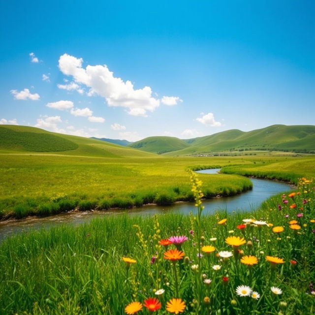 A serene landscape featuring a picturesque view of a lush green meadow under a clear blue sky