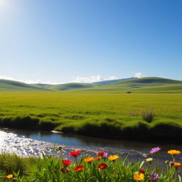 A serene landscape featuring a picturesque view of a lush green meadow under a clear blue sky