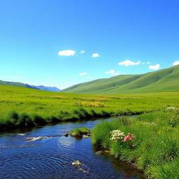A serene landscape featuring a picturesque view of a lush green meadow under a clear blue sky