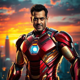 A dramatic portrait of a muscular superhero resembling Salman Khan styled as Iron Man