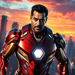 A dramatic portrait of a muscular superhero resembling Salman Khan styled as Iron Man