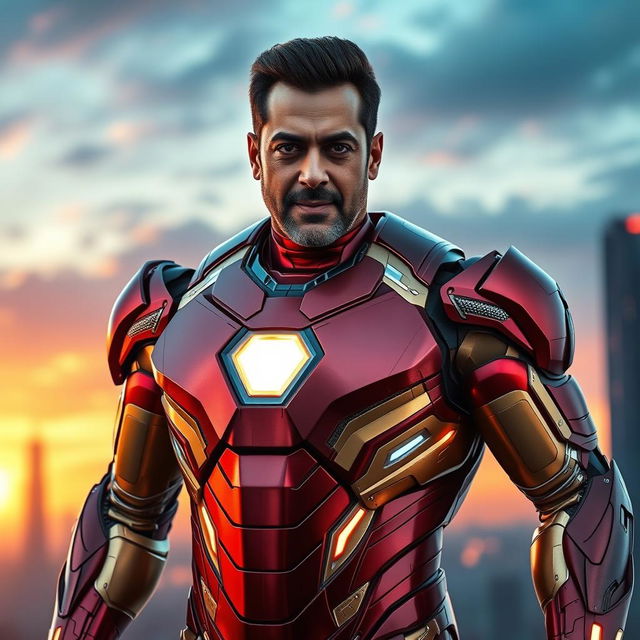 A dramatic portrait of a muscular superhero resembling Salman Khan styled as Iron Man