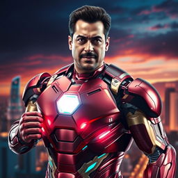 A dramatic portrait of a muscular superhero resembling Salman Khan styled as Iron Man