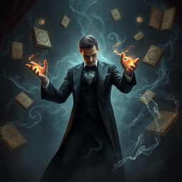 A mysterious and enchanting scene depicting supernatural wonders associated with a powerful sorcerer in a sleek black suit