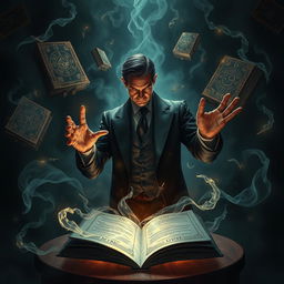 A mysterious and enchanting scene depicting supernatural wonders associated with a powerful sorcerer in a sleek black suit