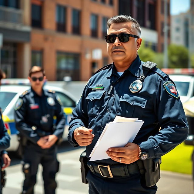 A Field Training Officer in a police uniform, standing confidently in an urban environment, showcasing authority and professionalism