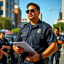 A Field Training Officer in a police uniform, standing confidently in an urban environment, showcasing authority and professionalism