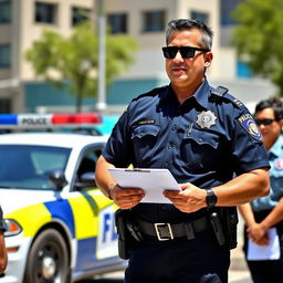 A Field Training Officer in a police uniform, standing confidently in an urban environment, showcasing authority and professionalism