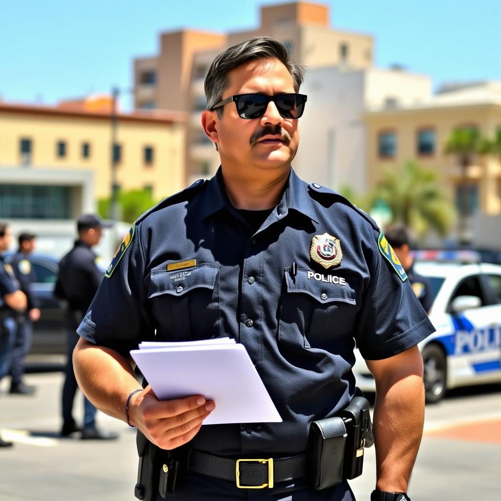 A Field Training Officer in a police uniform, standing confidently in an urban environment, showcasing authority and professionalism