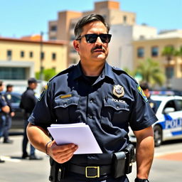 A Field Training Officer in a police uniform, standing confidently in an urban environment, showcasing authority and professionalism