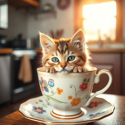A cute cat snuggled inside a colorful teacup, surrounded by a cozy kitchen setting