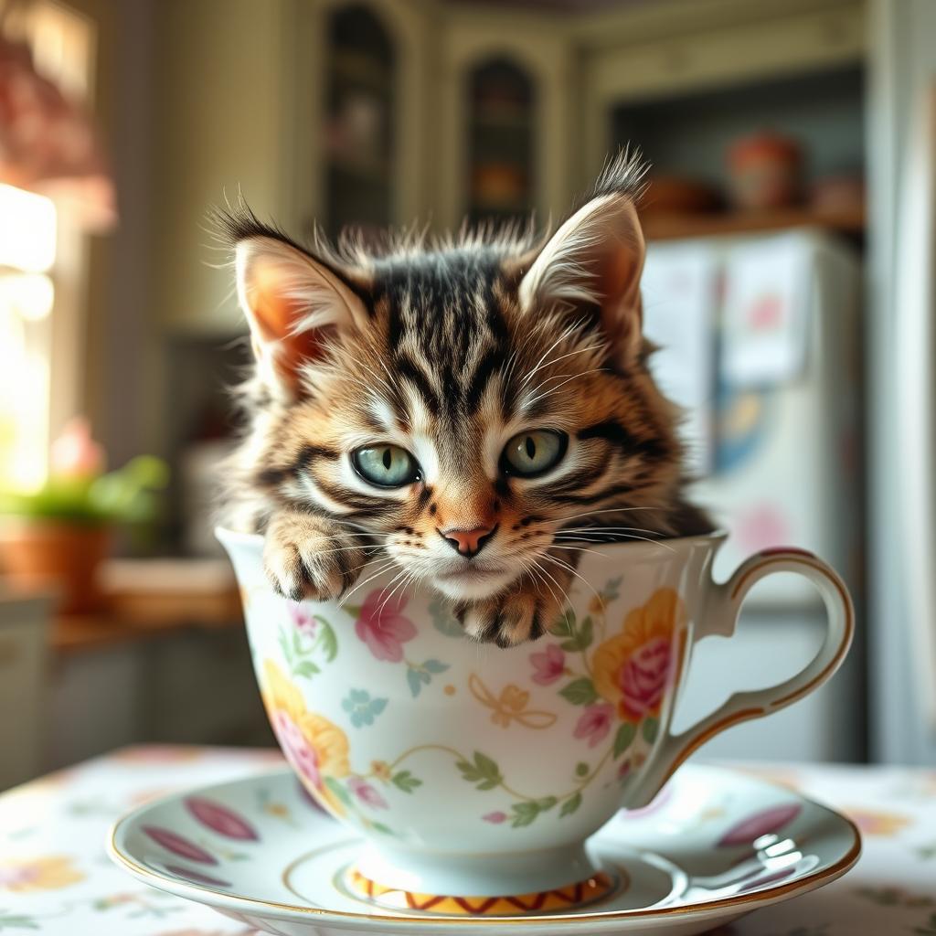 A cute cat snuggled inside a colorful teacup, surrounded by a cozy kitchen setting