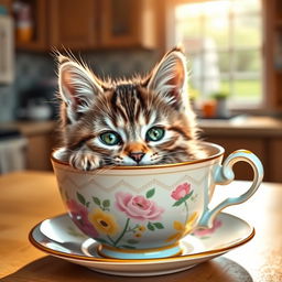 A cute cat snuggled inside a colorful teacup, surrounded by a cozy kitchen setting