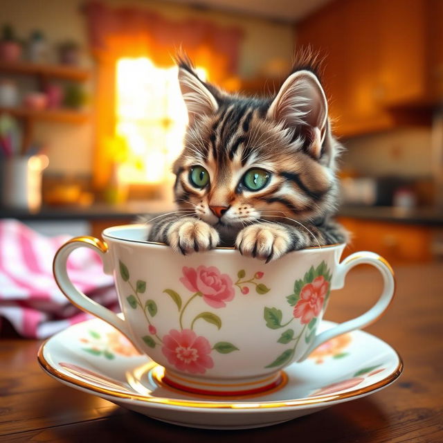 A cute cat snuggled inside a colorful teacup, surrounded by a cozy kitchen setting