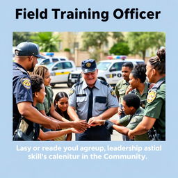 A professional advertisement for a Field Training Officer program, featuring an engaging scene of a diverse group of law enforcement trainees participating in a hands-on training exercise