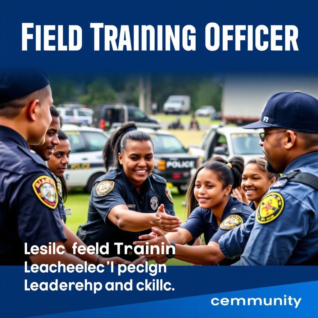 A professional advertisement for a Field Training Officer program, featuring an engaging scene of a diverse group of law enforcement trainees participating in a hands-on training exercise