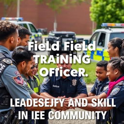 A professional advertisement for a Field Training Officer program, featuring an engaging scene of a diverse group of law enforcement trainees participating in a hands-on training exercise
