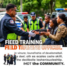 A professional advertisement for a Field Training Officer program, featuring an engaging scene of a diverse group of law enforcement trainees participating in a hands-on training exercise