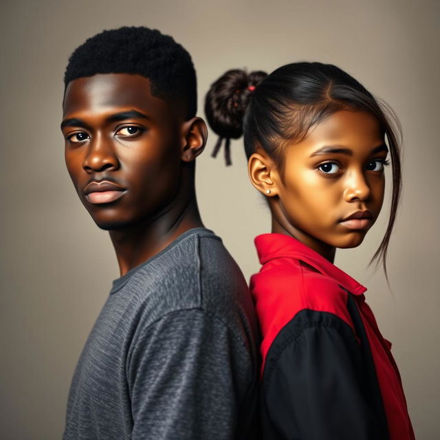 A realistic portrait of a handsome black boy and a beautiful girl standing back to back