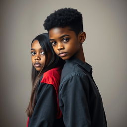 A realistic portrait of a handsome black boy and a beautiful girl standing back to back