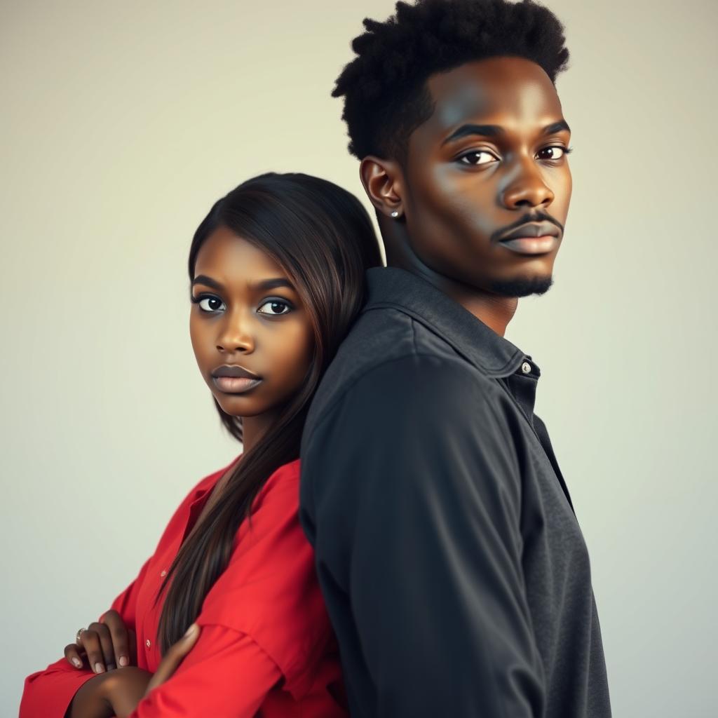 A realistic portrait of a handsome black boy and a beautiful girl standing back to back