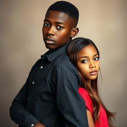 A realistic portrait of a handsome black boy and a beautiful girl standing back to back