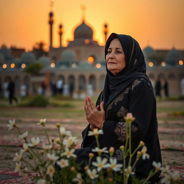 A kind mother in Karbala, gracefully kneeling in prayer during sunset