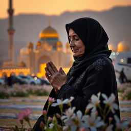 A kind mother in Karbala, gracefully kneeling in prayer during sunset