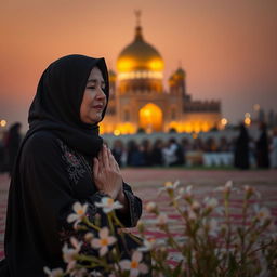 A kind mother in Karbala, gracefully kneeling in prayer during sunset