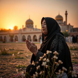 A kind mother in Karbala, gracefully kneeling in prayer during sunset