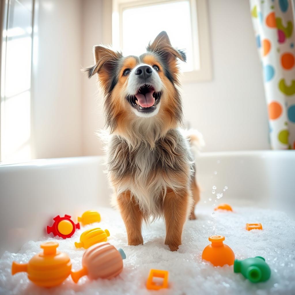 A playful dog standing in a bathroom, with colorful bath toys scattered around