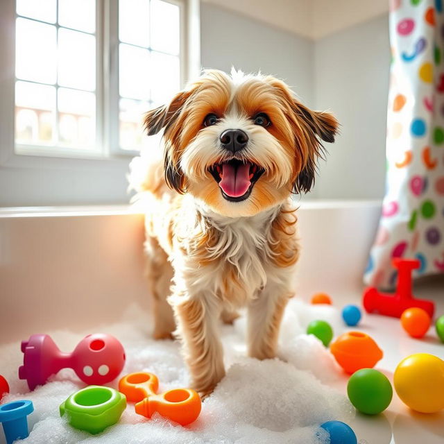 A playful dog standing in a bathroom, with colorful bath toys scattered around