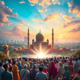 A beautiful and serene landscape depicting the moment of the appearance of Imam Zaman (the Mahdi), with vibrant colors illuminating the sky