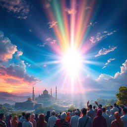 A beautiful and serene landscape depicting the moment of the appearance of Imam Zaman (the Mahdi), with vibrant colors illuminating the sky
