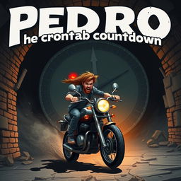 In a dimly lit dungeon, a young man with a brunette beard frantically rides his adventure motorbike, trying to escape a massive, monstrous clock with sharp, menacing gears and glowing red eyes