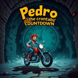 In a dimly lit dungeon, a young man with a brunette beard frantically rides his adventure motorbike, trying to escape a massive, monstrous clock with sharp, menacing gears and glowing red eyes