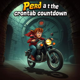 In a dimly lit dungeon, a young man with a brunette beard frantically rides his adventure motorbike, trying to escape a massive, monstrous clock with sharp, menacing gears and glowing red eyes