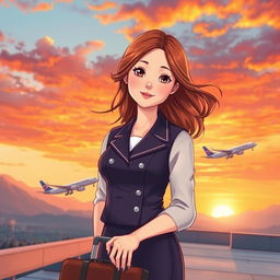 A book cover design featuring a confident girl in an elegant flight attendant uniform standing on a rooftop or runway, holding a suitcase