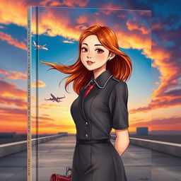 A book cover design featuring a confident girl in an elegant flight attendant uniform standing on a rooftop or runway, holding a suitcase