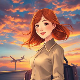 A book cover design featuring a confident girl in an elegant flight attendant uniform standing on a rooftop or runway, holding a suitcase