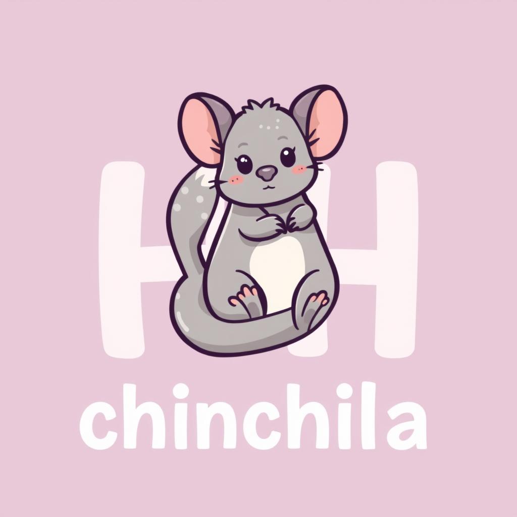 A logo design featuring the name 'chinchila' where a cute chinchilla is sitting on the letter 'H'