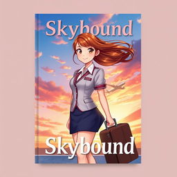 A book cover design titled 'Skybound', featuring a confident girl in an elegant flight attendant uniform standing on a rooftop or runway, holding a suitcase