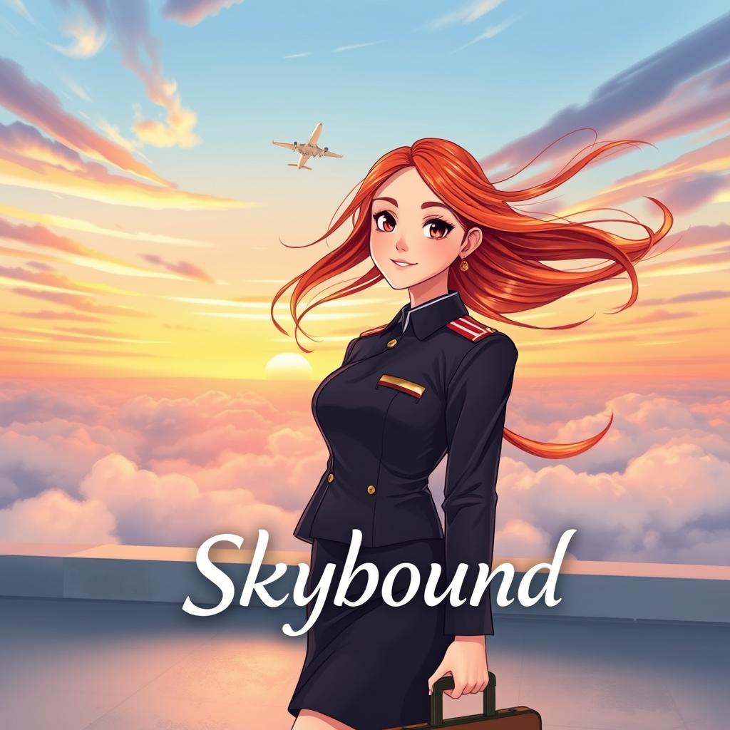 A book cover design titled 'Skybound', featuring a confident girl in an elegant flight attendant uniform standing on a rooftop or runway, holding a suitcase
