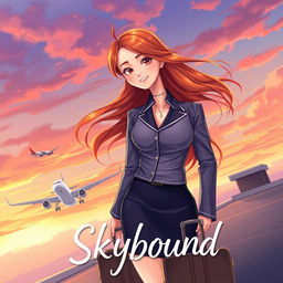 A book cover design titled 'Skybound', featuring a confident girl in an elegant flight attendant uniform standing on a rooftop or runway, holding a suitcase